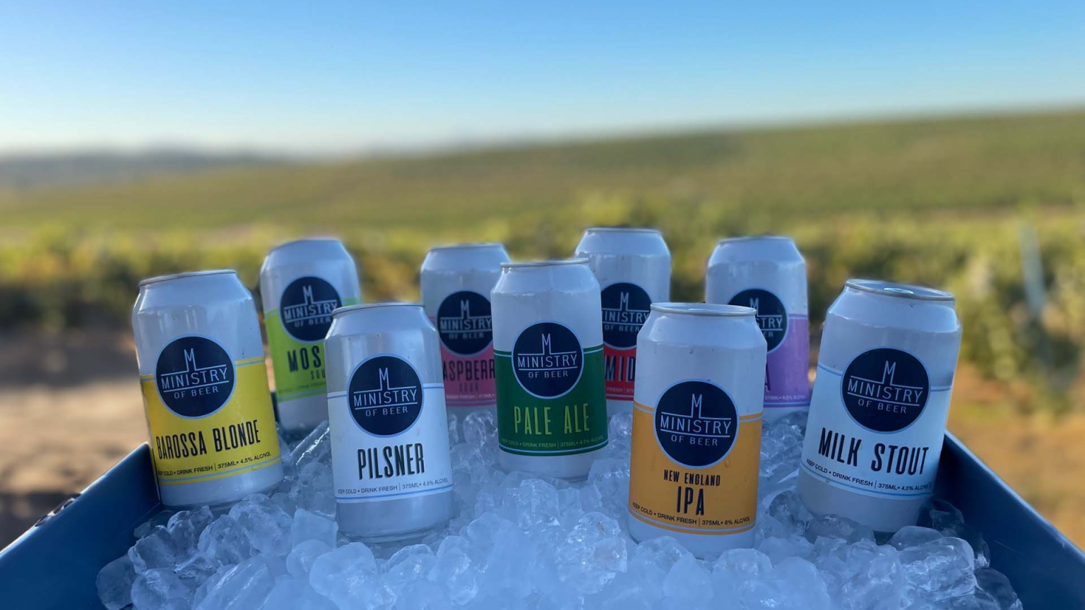 Ministry of Beer Beers on Ice in front of Vines on the hill of a Barossa Valley vineyard